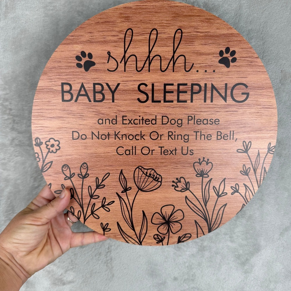 Shhh Baby Sleeping Excited Dog Wooden Door Sign Round Floral Nursery Decor 12in
